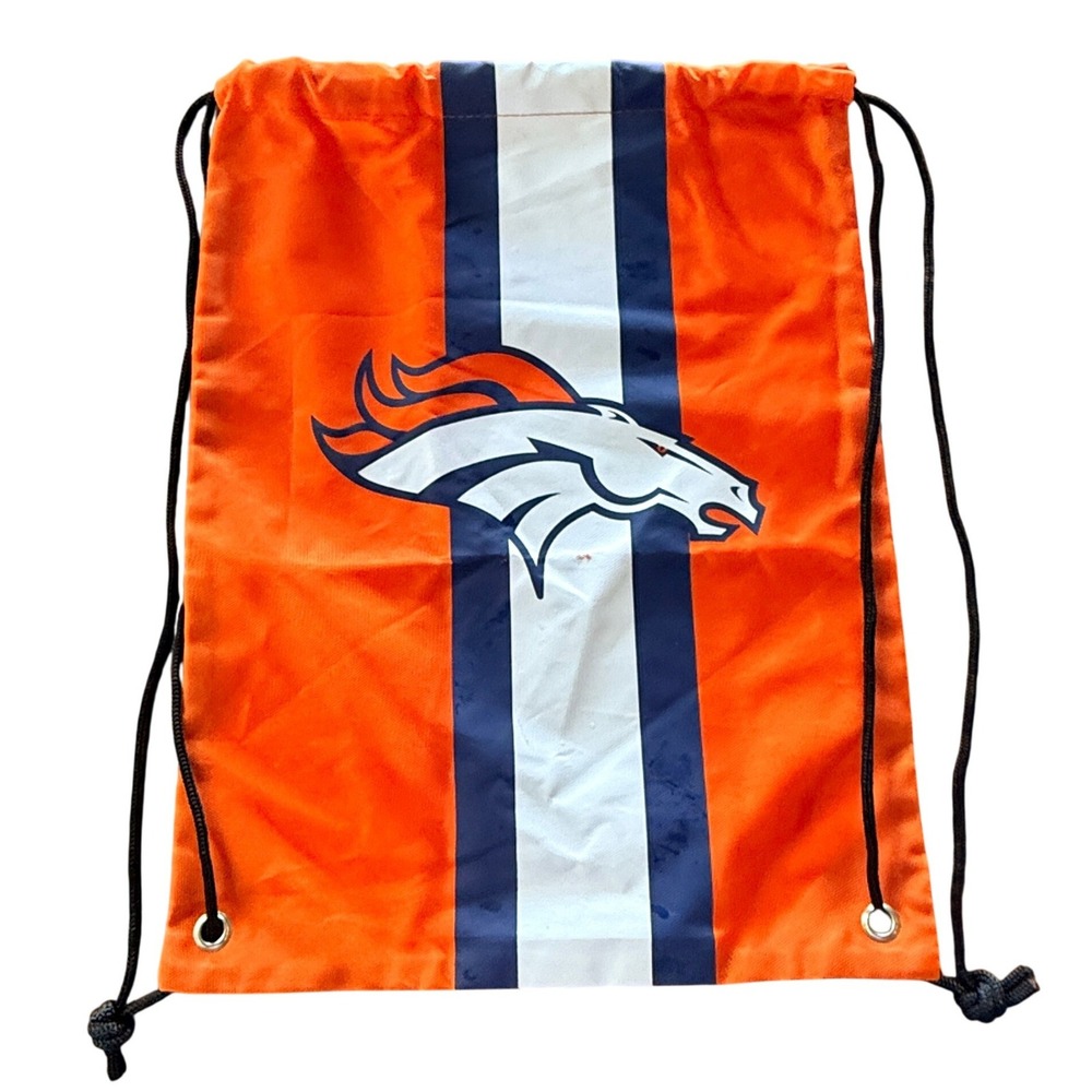 NFL Denver Broncos Drawstring Cinch Bag Logo Stripes Orange 14.5x18 Synthetic